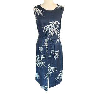 Autograph 100% Linen Shift Dress Sleeveless Bamboo Print Blue Coastal Beach 12